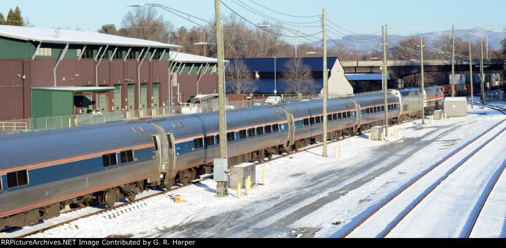 Locomotives and coaches of Amtrak train #20(2) parked on the storage track at Lynchburg